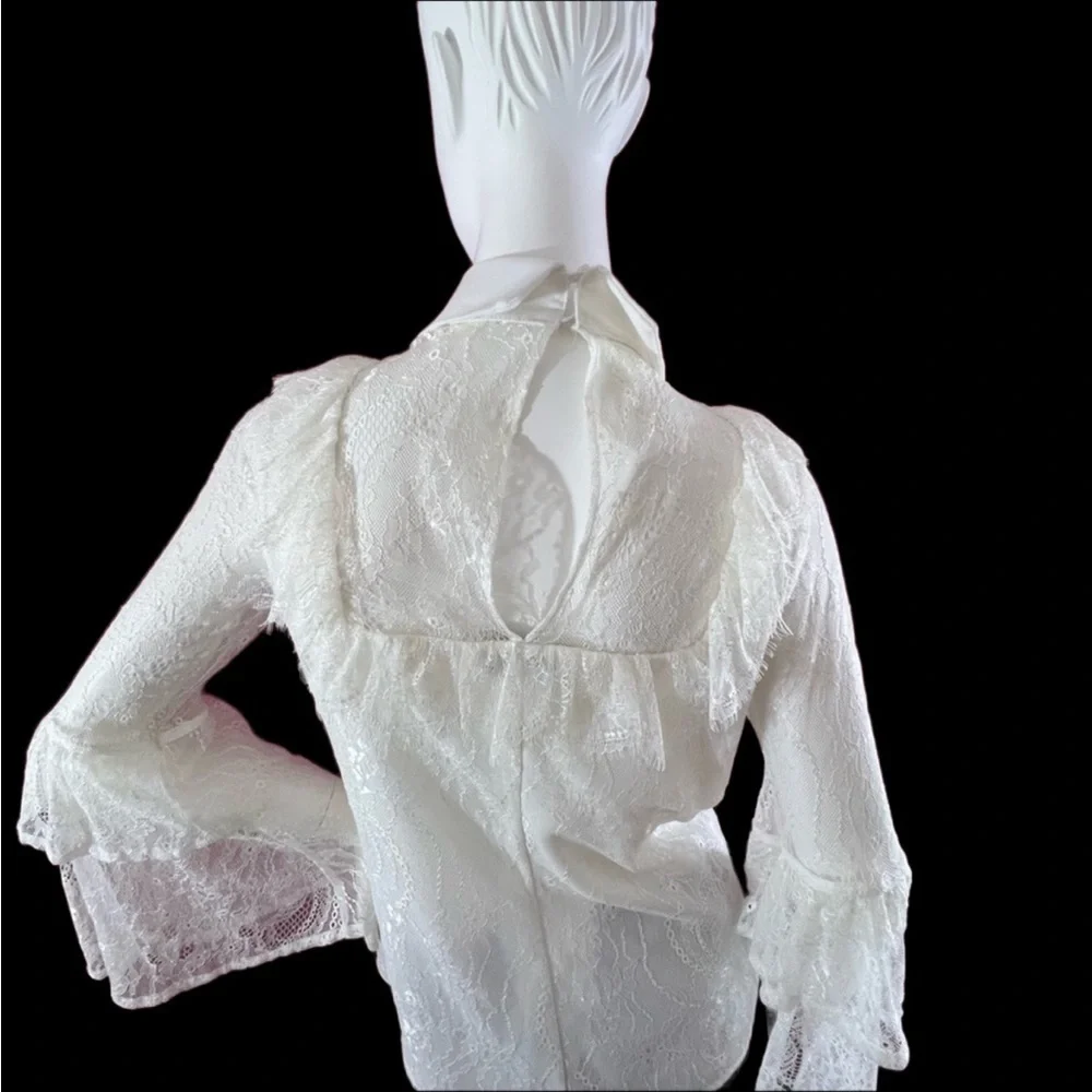 White Lace Blouse Button Collar Long Bell Sleeves